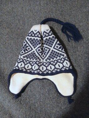 Vintage Smiley Navy White Wool Earflap Hat One Size Nordic Winter Fair Isle Ski